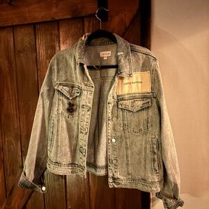 Ladies Denim jacket , with stitched on Louis Vuitton authentic dust bag patch